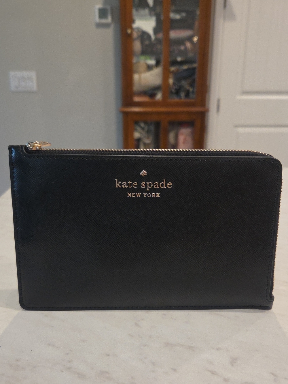 kate spade Black Leather Zip Clutch Wallet with Gold Logo